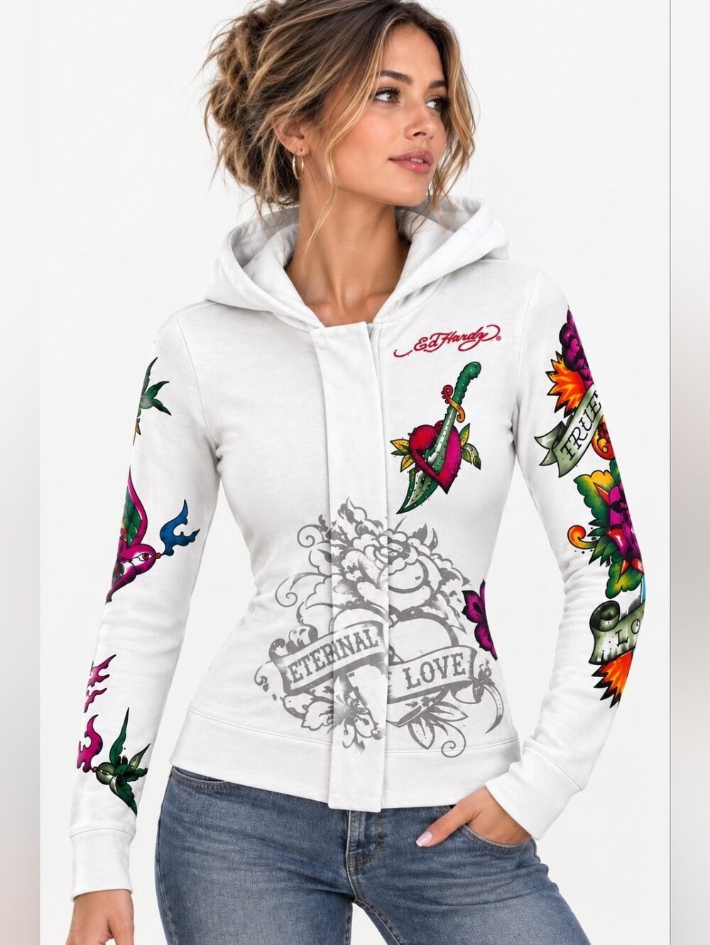 Ed Hardy 'Way Of Life' Y2K Full Zip Hoodie Rhinestone Tattoo Graphic Sz S